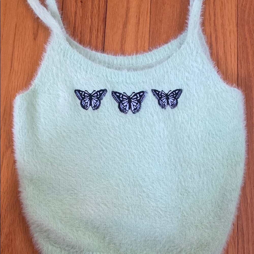 Hollister Mint Green Fuzzy Tank Top with Butterfly Design
